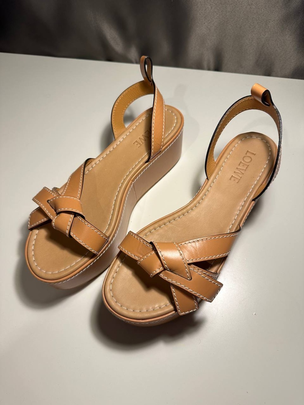 Loewe Tan Braided Leather Platform Slingback Sandals